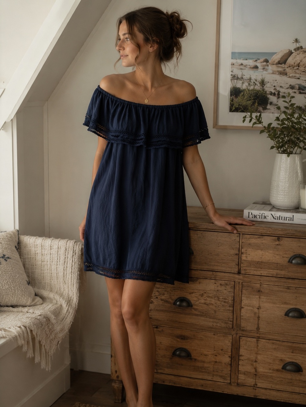 Aritzia Wilfred 100% Modal Off Shoulder Boho Mini Dress Navy Large Quiet Luxury